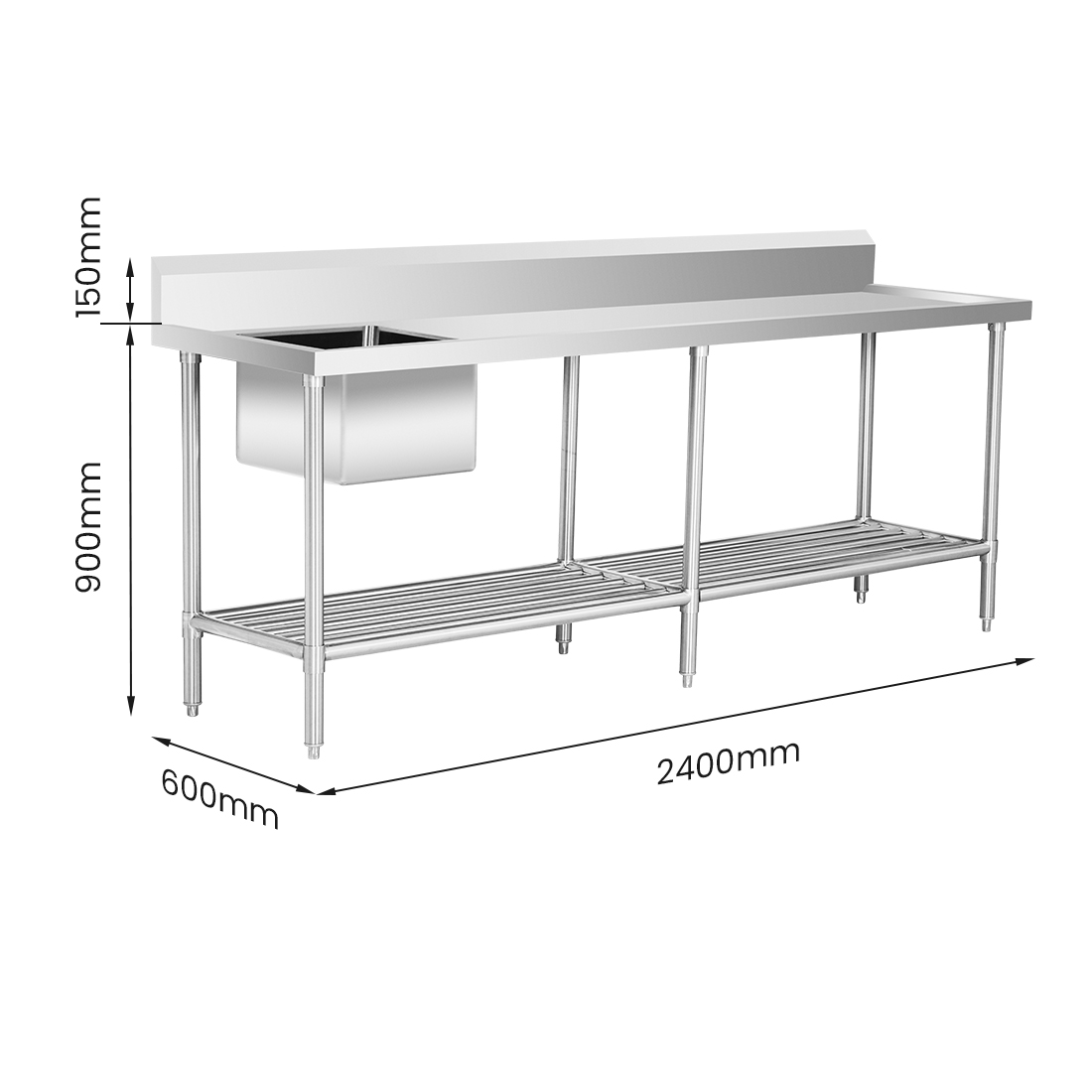 SSB6-2400L/A Single Left Sink Bench with Pot Undershelf - Image 7