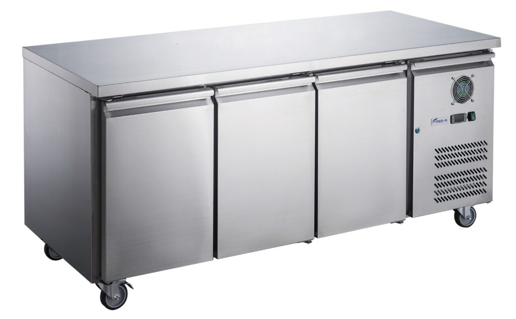 Ex-showroom Fed-X 3-door bench fridge, 417L gross - QLD119